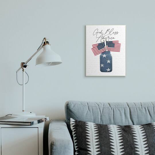 Stupell Industries Patriotic God Bless America Country Quote Jar Flags Wood Wall Plaque